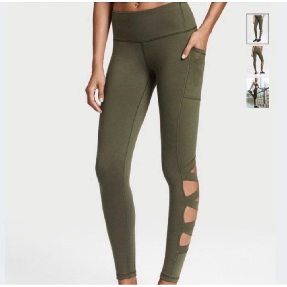 Victoria Sport Knockout Yoga Leggings Green Mesh Sheer Cutouts Small 100% Cotton
